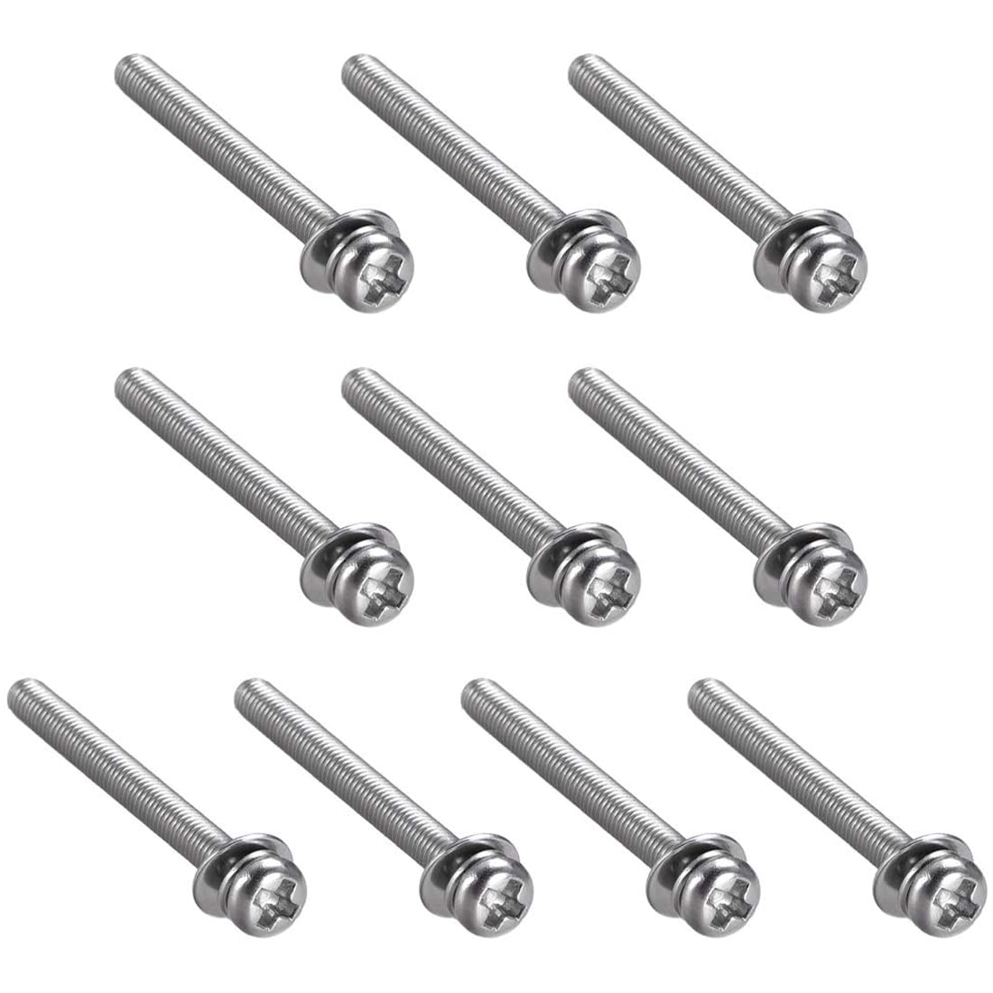 10pcs M3 x 35mm Phillips Pan Head Machine Screws Bolts with Spring and Plain Washers, 304 Stainless Steel Phillips Machine Screw for Heavy-duty Fastening
