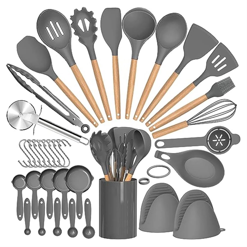 Küchenutensilien-Set mit langem Griff, hitzebeständig, antihaftbeschichtet, Silikon, Pfannenwender, Suppenlöffel, Schaufel, Küche, Kochwerkzeug (grau)