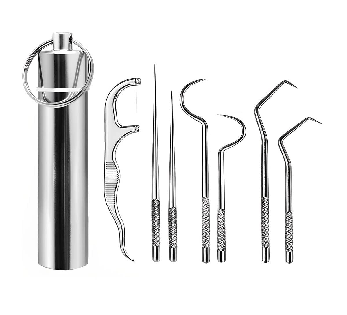 7 Piece Stainless Steel Tooth Cleaning Kit with Portable Storage Tube - Reusable Metal Toothpick Set with Keychain Holder for Teeth Cleaning, Braces Care, Oral Hygiene Travel Tools-image-8