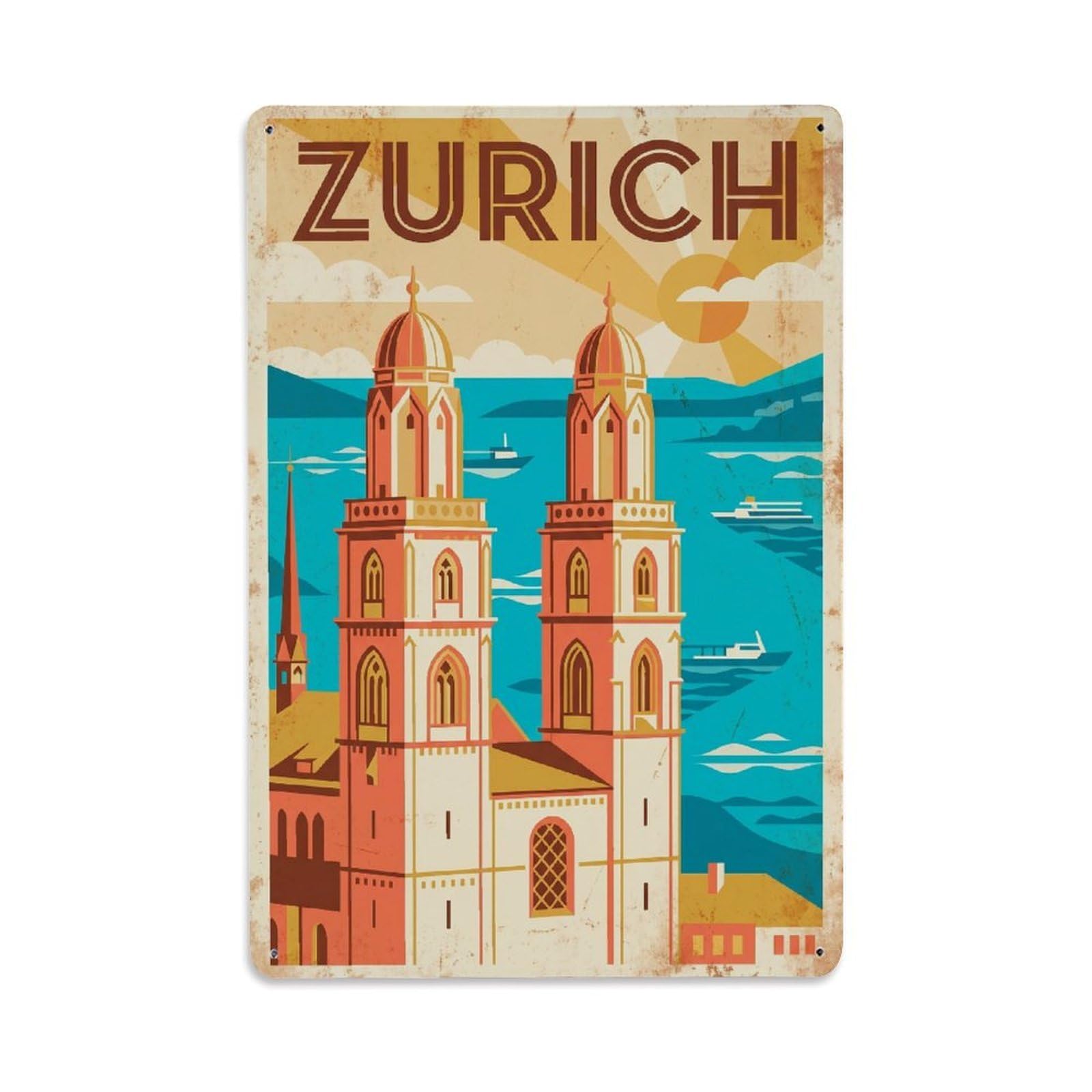 Este 8X12inch Style Vintage Travel Zurich Switzerland Vibrant Metal Tin Sign
