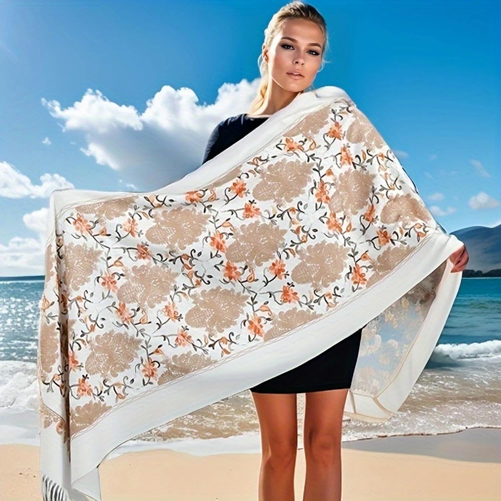 SYJYM Châle en Cachemire brodé à Fleurs de Style bohème Luxueux, fabriqué à la Main, Polyvalent, Grande écharpe, Bords à Pompons, Laine Ethnique Lierre