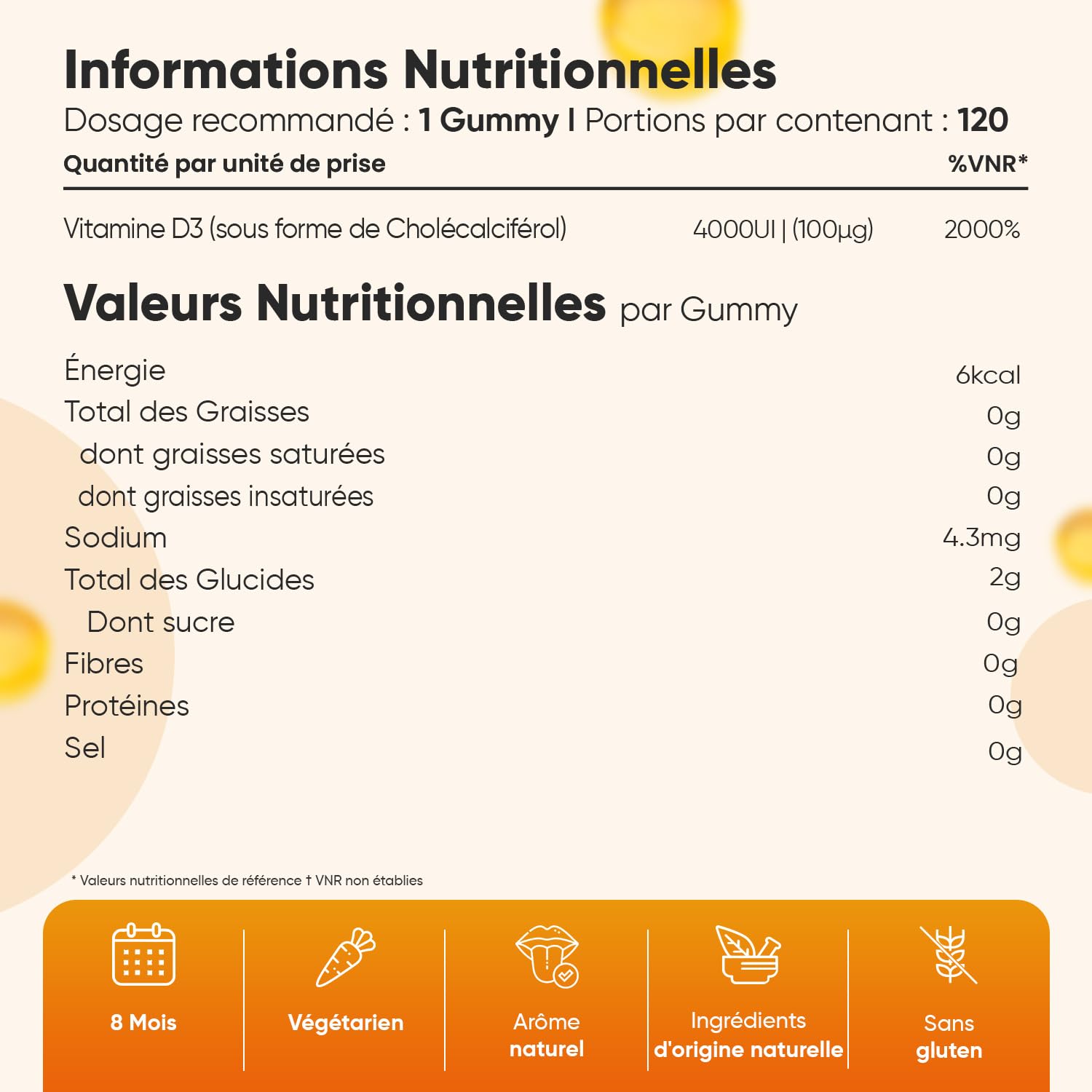 Vitamine D3 4000 UI Cholécalciférol, 120 Gummies pour 8 Mois sans Sucre, Vitamine D Gummies à l'Arôme Naturel de Citron Végétarien et sans OGM