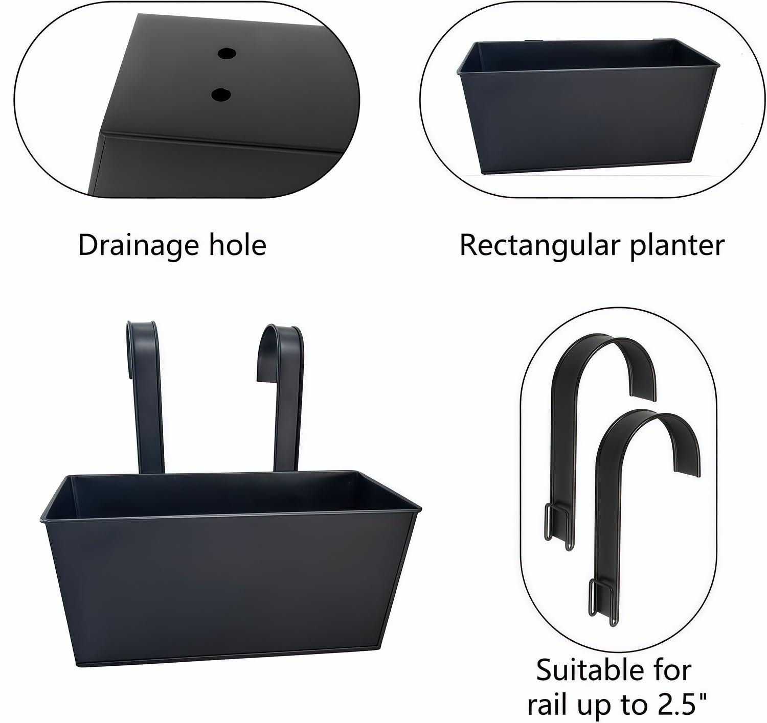 4 pièces de pots métalliques suspendus de 11 pouces avec crochets détachables, boîtes à fleurs pour fenêtres avec garde-corps noir, pots rustiques à accrocher au mur pour clôture extérieure, patio, ba