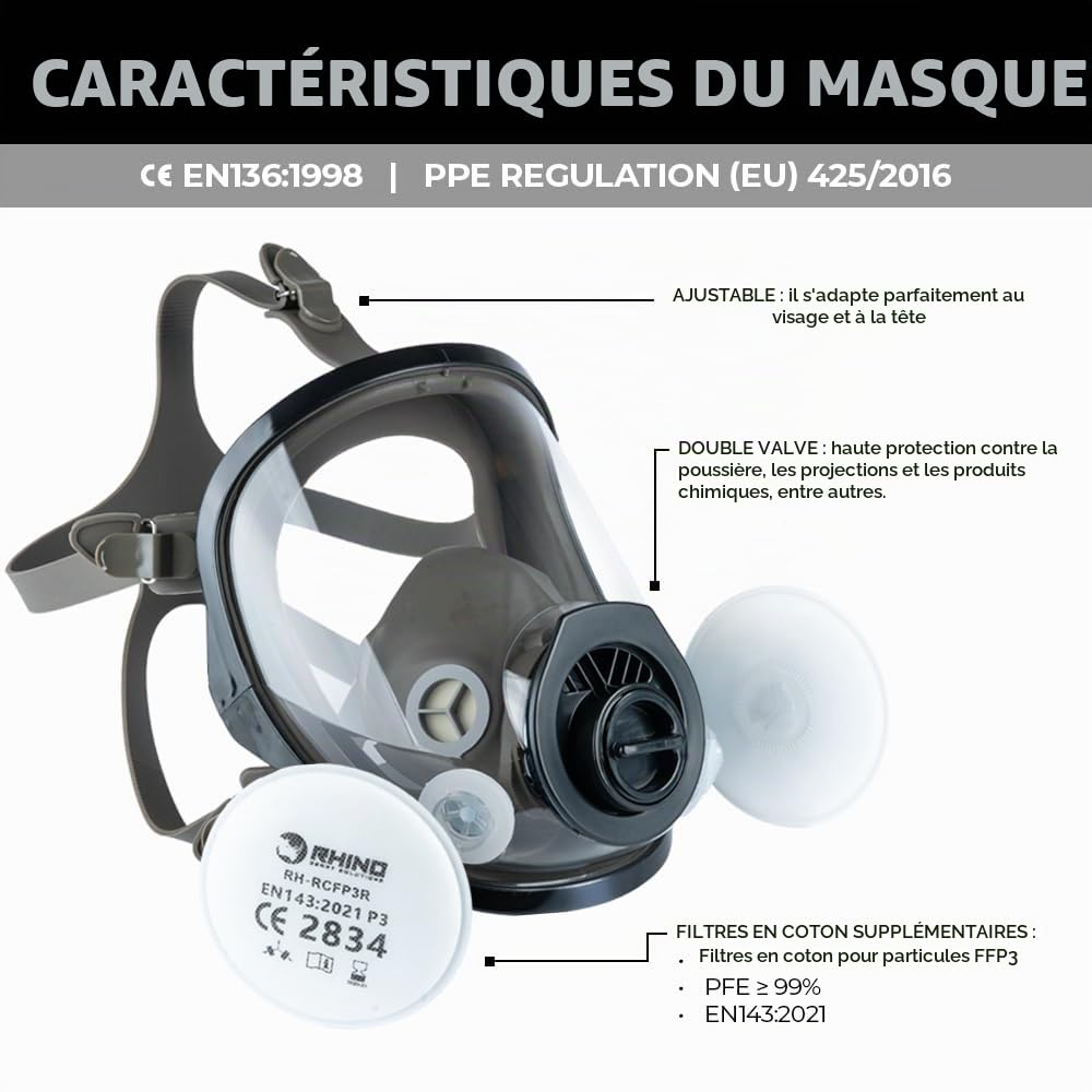 RHINO Smart Solutions Masque Respiratoire du Protection Filtrante à Particules FFP3 pour Peinture, Anti Gaz, Poncage, Amiante, Sablage et Poussiere (7011C) | Visière Intégrale Réutilisable