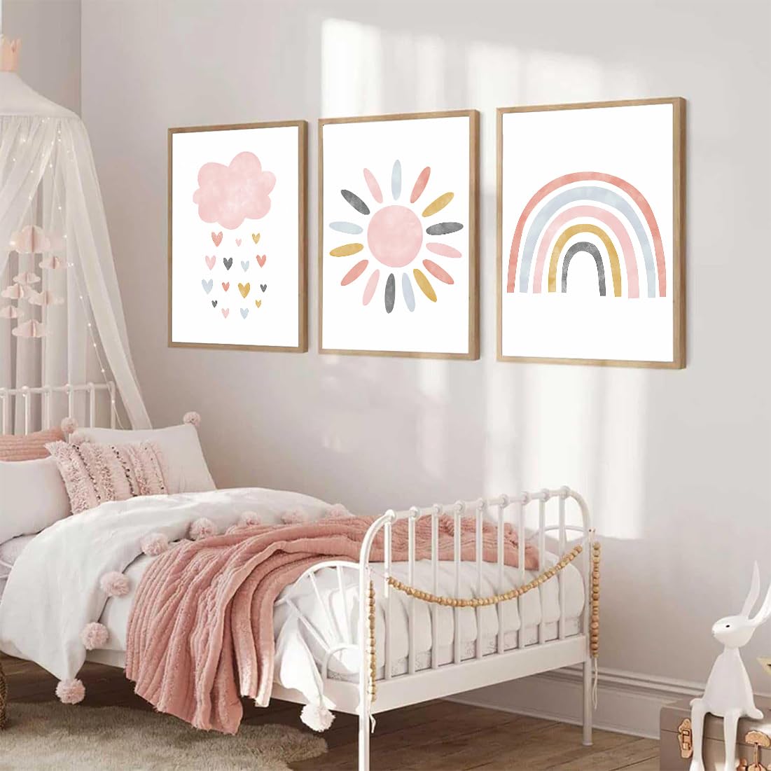 Set di 3 Quadri Tela 21x30cm, Poster Arcobaleno Nuvole Sole per Cameretta dei Bambini, Stampe Senza Cornice Stile Boho per Decorazione Parete