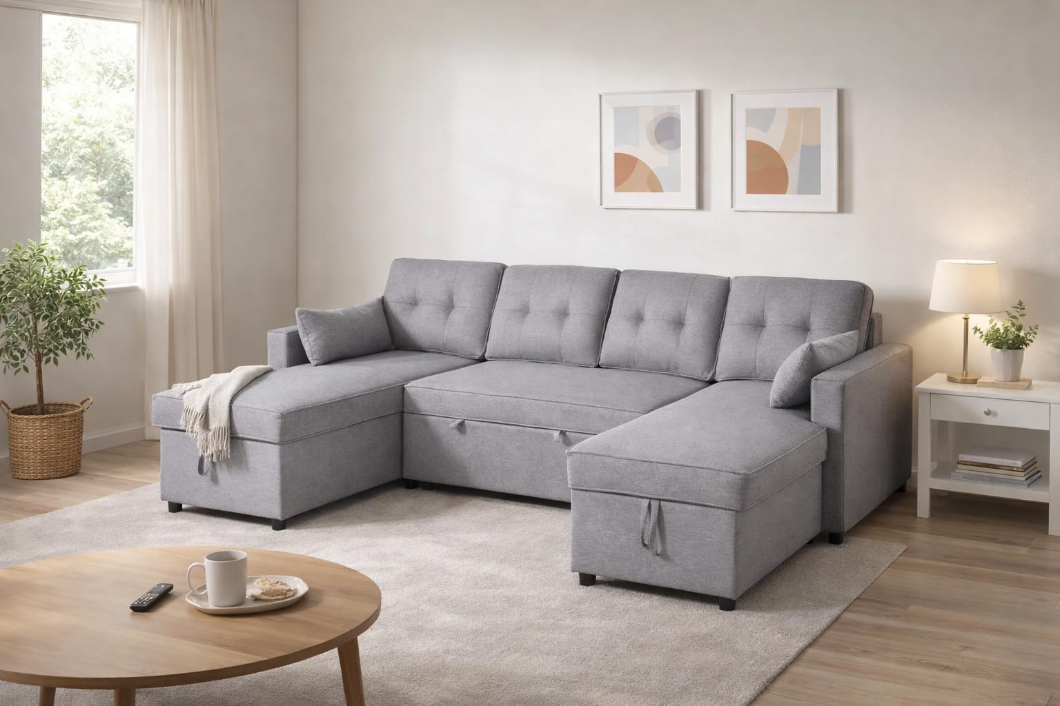 MUEBLIX.COM | Sofa Cama Chaiselongue Ucero 3 Plazas, Cama Doble en U, Sillón Cama Extraible, Doble Arcón, Tejido Antimanchas, Color Gris