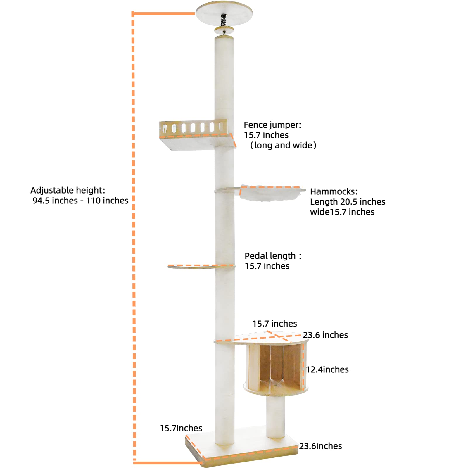 Large Cat Trees Floor-to-Ceiling Cats Climbing Trees with Sisal Scratching Post, 4 Tier Cat Climbing Tower with Wooden Springboard and Dome Cat Nest, Ceiling Height Up to 112 Inches