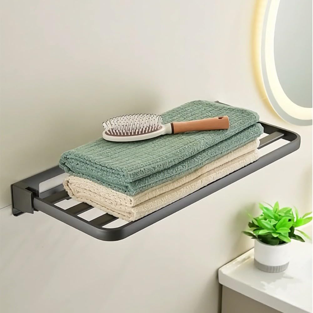 Portasciugamani da bagno pieghevole in acciaio inox, 58,5 x 27 x 6,5 cm, design a doppia barra con ganci a parete, salvaspazio e antiruggine, per bagni piccoli e spazi compatti