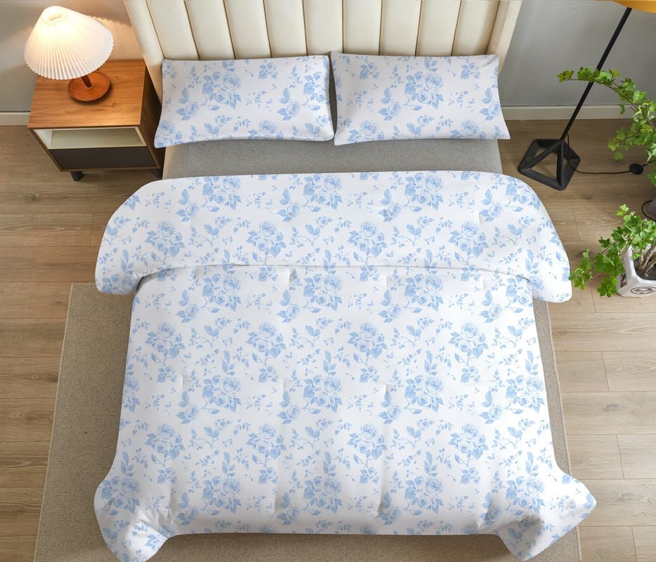 Koniroom White Floral Comforter Set Queen – 3 Piece Wildflower Botanical Bedding Set with 1 Lightweight Comforter