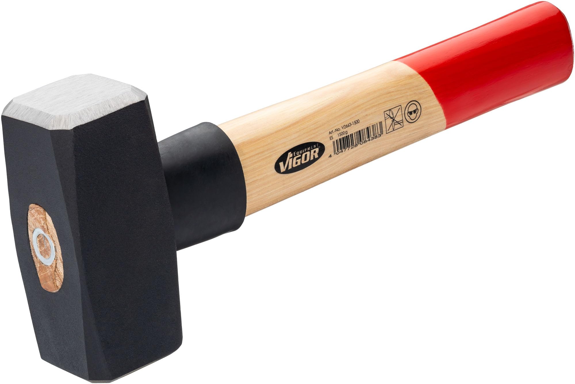 ViGOR V2663-1500 Massette 1500 g, manche en bois d'hickory avec protection contre les chocs en caoutchouc, longueur 280 mm, marteau lourd pour des coups puissants et un travail précis