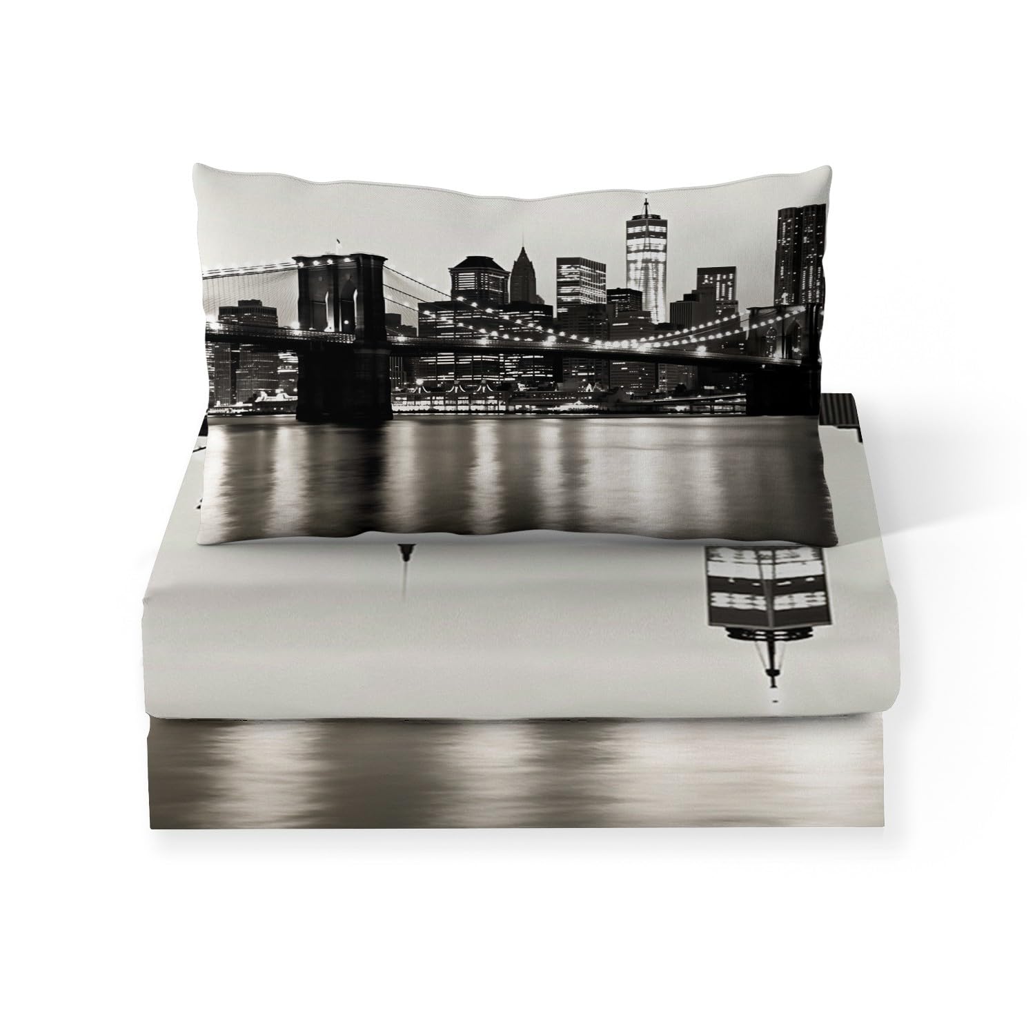 Pościel z narożnikami Vintage plakat Nowy Jork Brooklyn Bridge 3D czarno-białe prześcieradło z gumką oddychające rozciągliwe prześcieradło z mikrofibry ochraniacz na materac 180 x 200 cm, głębokość