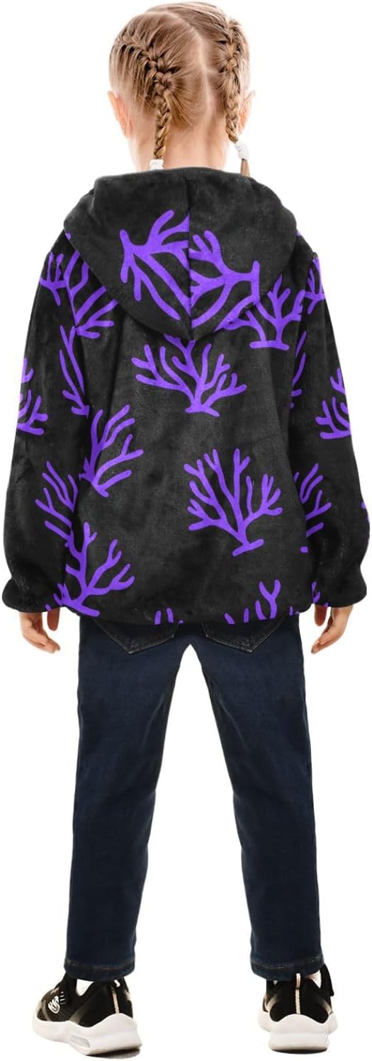 ALAZA Purple Coral on Black Pattern Hoodie Jacket for Girls Toddler Fleece Zip Up Coat Plush Jacket for 3 Years