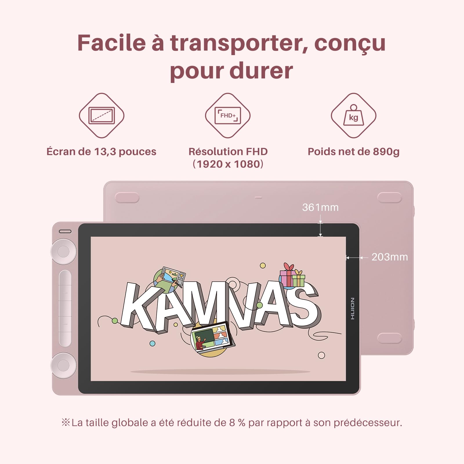 HUION Kamvas 13 Gen3 2024 Tablette Graphique avec Écran, Tablette de Dessin en Verre Canvas de 13,3", 99% sRGB, Pentech 4.0, 16384 Pression du Stylet, Doubles Cadrans, Support Réglable, Rose