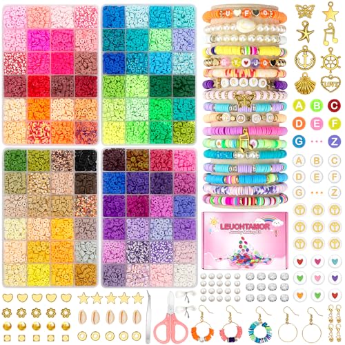 LEUCHTAMOR 15000pcs Clay Beads Bracelet Making Kit 96 Colours Flat Polymer Heishi Bead with Charms Letter Beads DIY Jewellery Making Set Ideal for Friendship Bracelets for Adults
