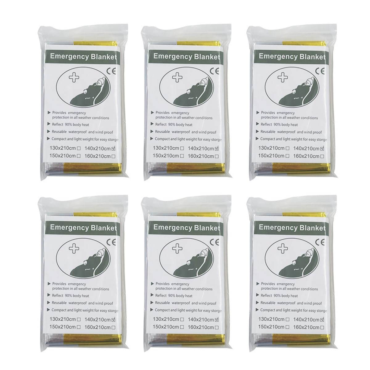Boomlatu One Side Sliver And One Side Gold 6 Pack Emergency Foil Thermal Blanket, 210Cm X 140Cm Gold Silver Mylar Space Thermal Blanket, Heat Reflective Survival Blankets Perfect For Outdoors, Hiking, Survival, Marathons Or First Aid
