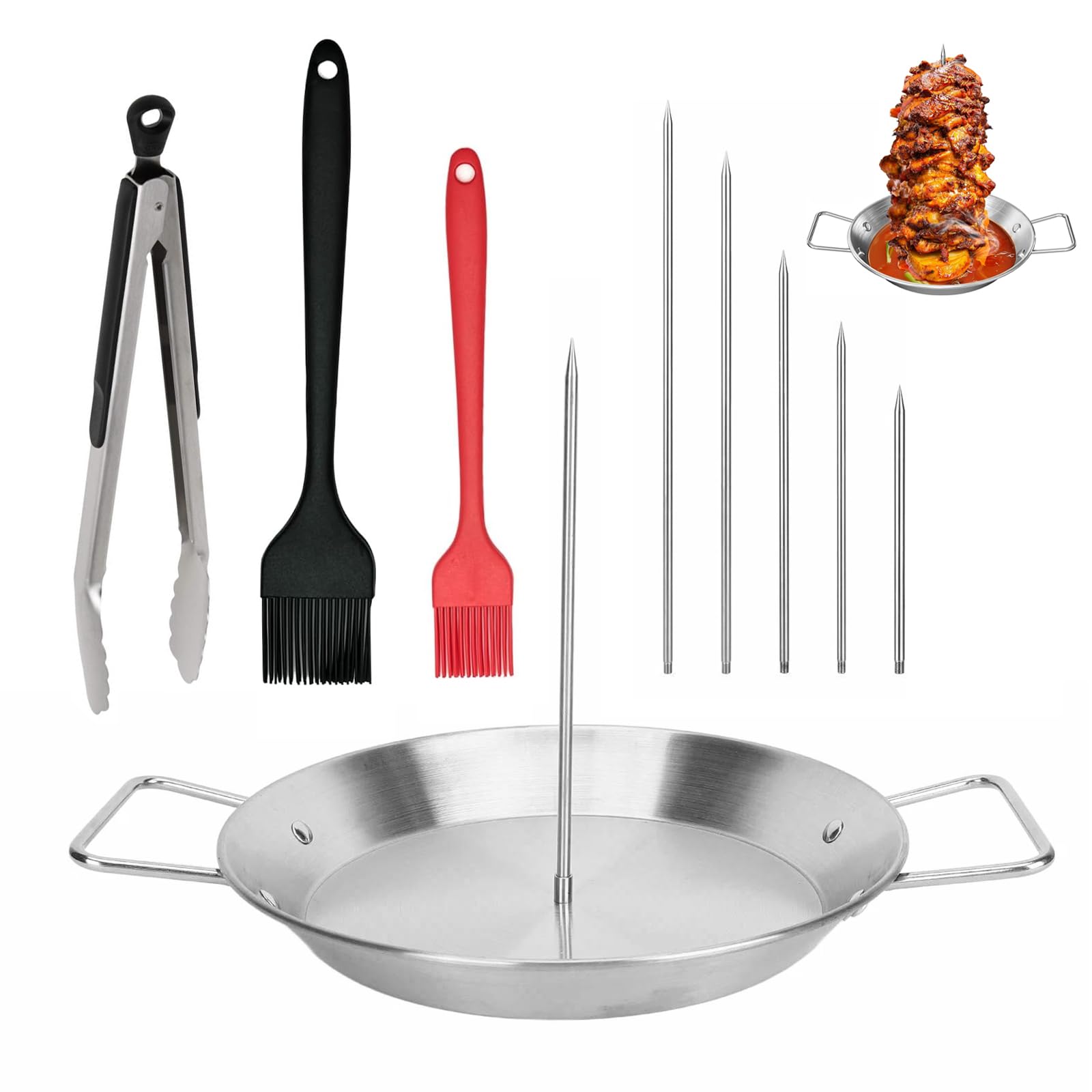 Vertical Meat Skewer, Stainless Steel Vertical Skewer Grill, Kebab Plate with 5 Replacement Spikes, 2pcs Oil Brushes and 1 Food Clip, Kebab Plate and Skewer for Sausage Steak Whole Chicken Fish