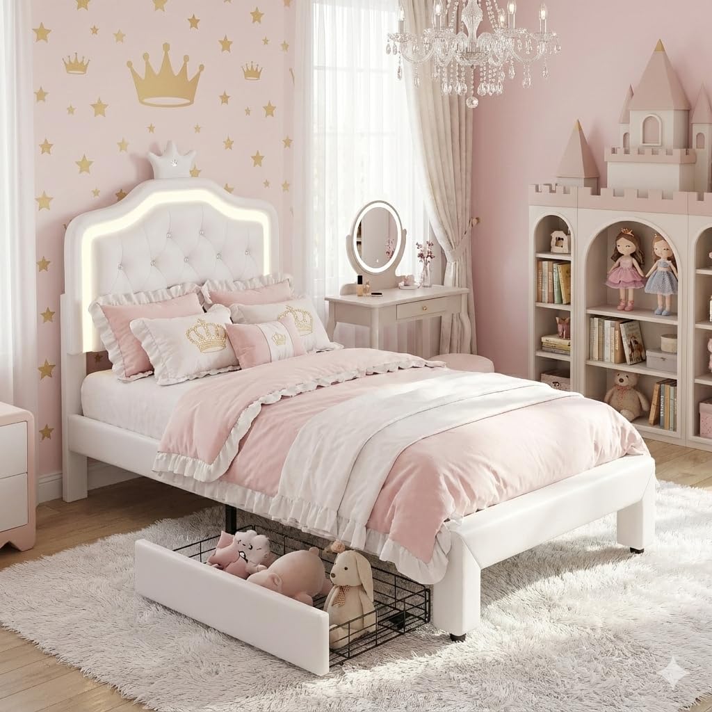 Gestoffeerd bed 90x200 cm, kinderbed met lattenbodem en ledverlichting, meisjes bed 90x200, kroonvormig prinsessenbed, met Verstelbaar hoofdeinde, fluwelen, roze