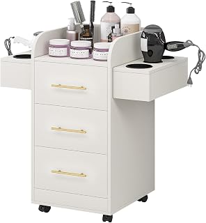 Beauty Salon Station for Hair Stylist, Salon Station Storage Cabinet with Wheels, Rolling Beauty Station with 3 Drawers & 6 Hair Dryer Holders