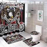FBMLBRB Brebasf Funny Motorcycle Theme 4 Pcs Shower Curtain Bathroom Set Vintage Anime American Flag Eagle Red Motorcycle Shower Mat Shower Curtain with Rug 12 Hooks,72' W x 72' L