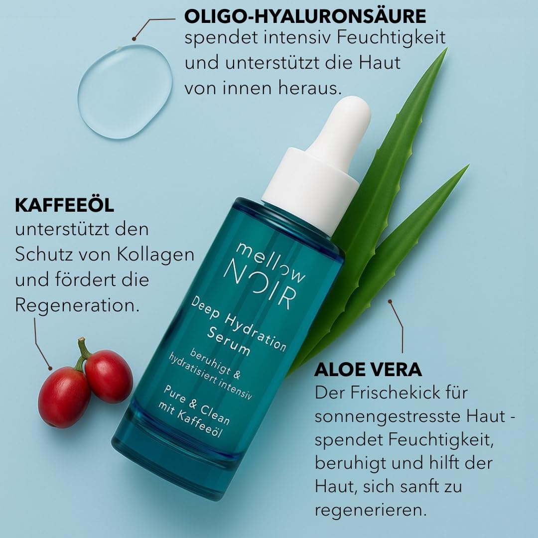 mellow NOIR Deep Hydration Sérum hydratant à l'aloe vera 30 ml | Apaise et hydrate intensément, pour les peaux sèches et abîmées, végétalien, cosmétique naturel
