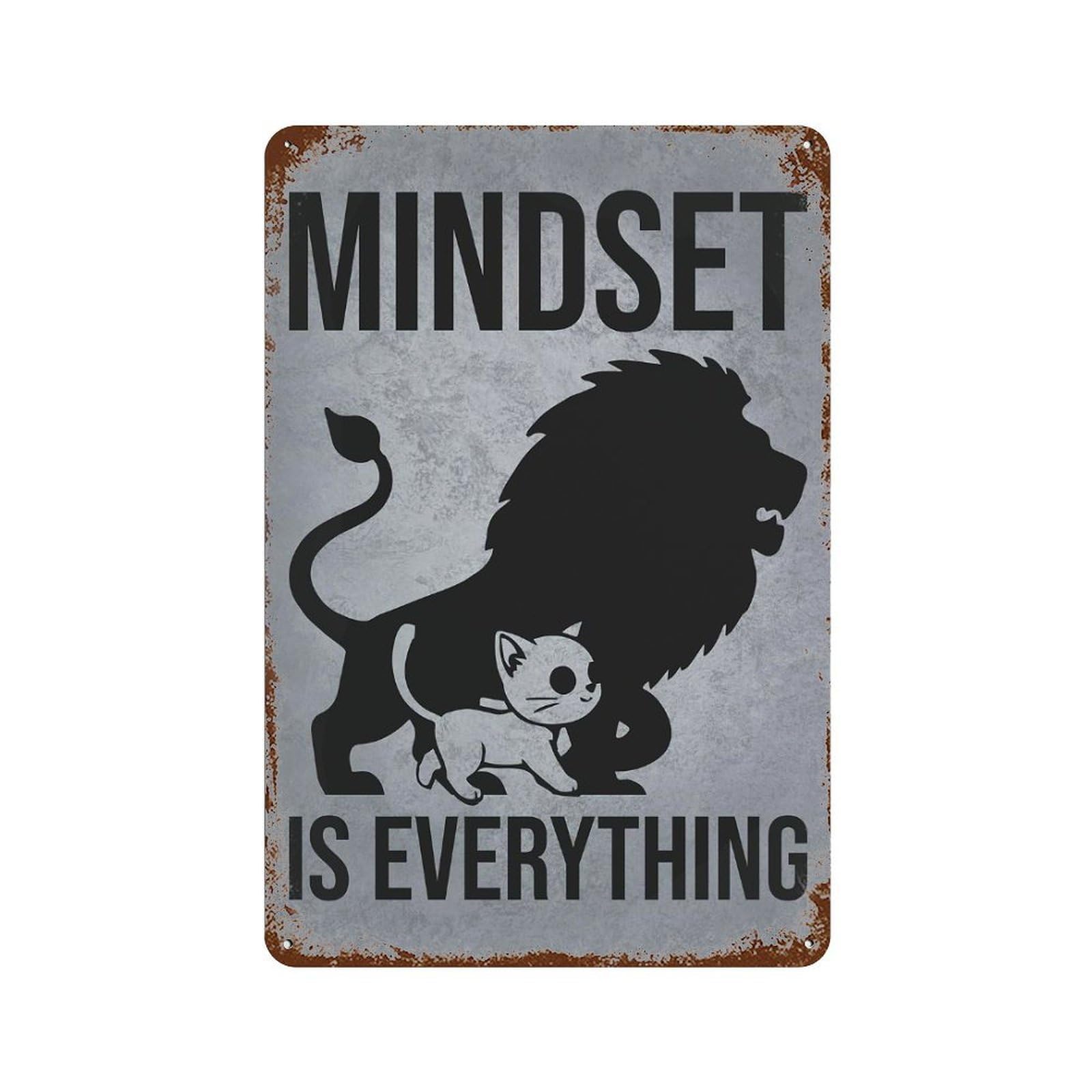 Mindset Is Everything Lion Cat - Gym, Hustle, Success, Motivational Retro Metal Sign 11.8"x7.9", Decorative Metal Wall Art for Basement, Hobby Room And Garage Decor
