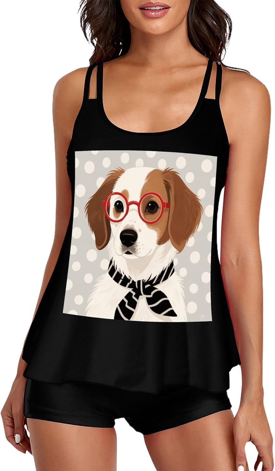 Hipster Portrait Dog Tankini Swimsuits for Women Tummy Control Two Piece Bathing Suits Swim Tops with Boy Shorts