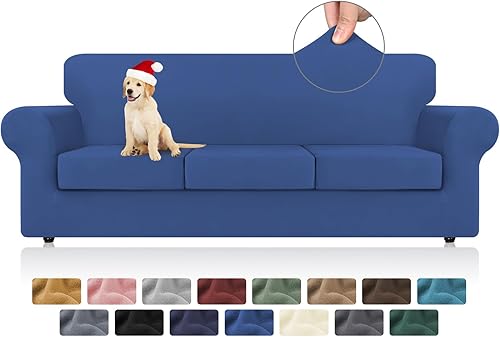 KEKUOU Fundas elásticas de 4 piezas para sofá de 3 cojines, aptas para mascotas, fundas de sofá 2024, protector de muebles para perros (sofá, azul