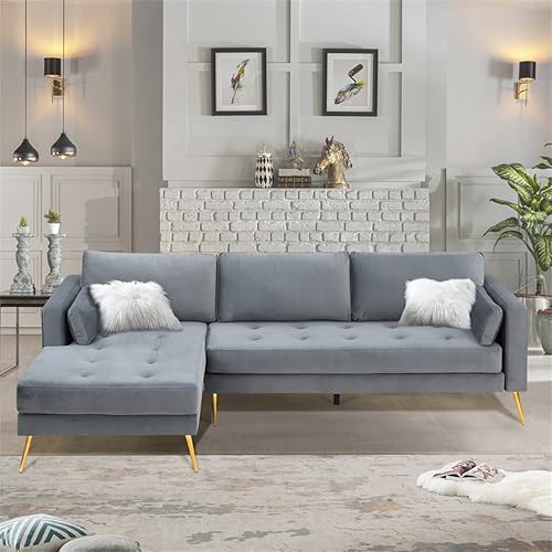 EGEN 65In Grey Sectional Sofa with Two Pillows, L-Shape Upholstered Couch with Modern Elegant Velvet for Living Room Apartment