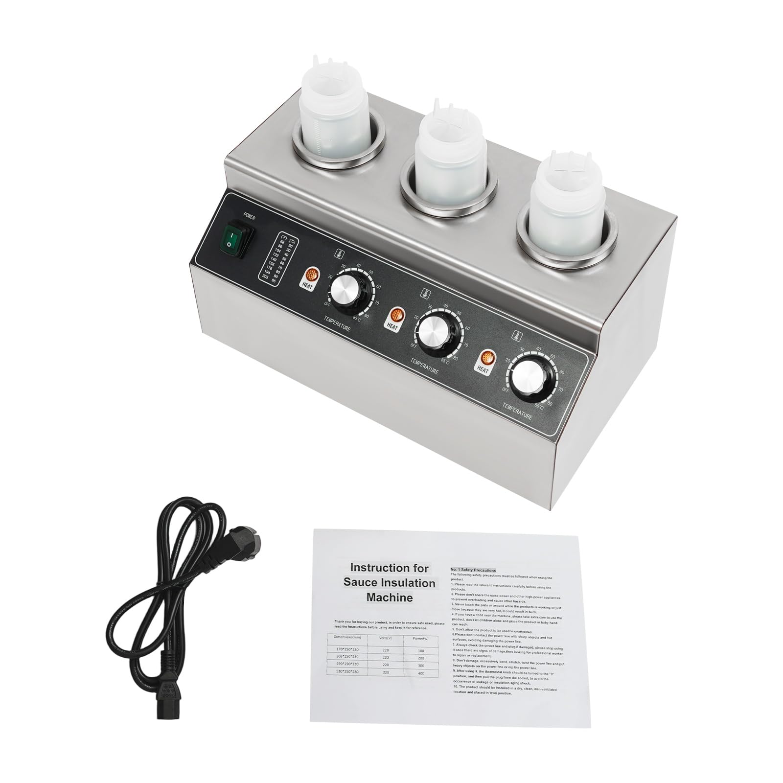 Chauffe-sauce électrique 300 W avec 3 bouteilles de sauce, chauffe-sauce électrique en acier inoxydable 30-85 °C, chauffe-sauce au fromage pour sauces, fromage