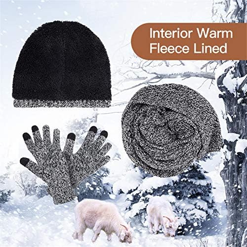 Winter Beanie Hat Scarf and Touch Screen Gloves Set Knitted Hats Thermal Gloves Long Scarf for Men Women Neck Warmer 3 PCS Skull Cap Thick Fleece Lined Unisex
