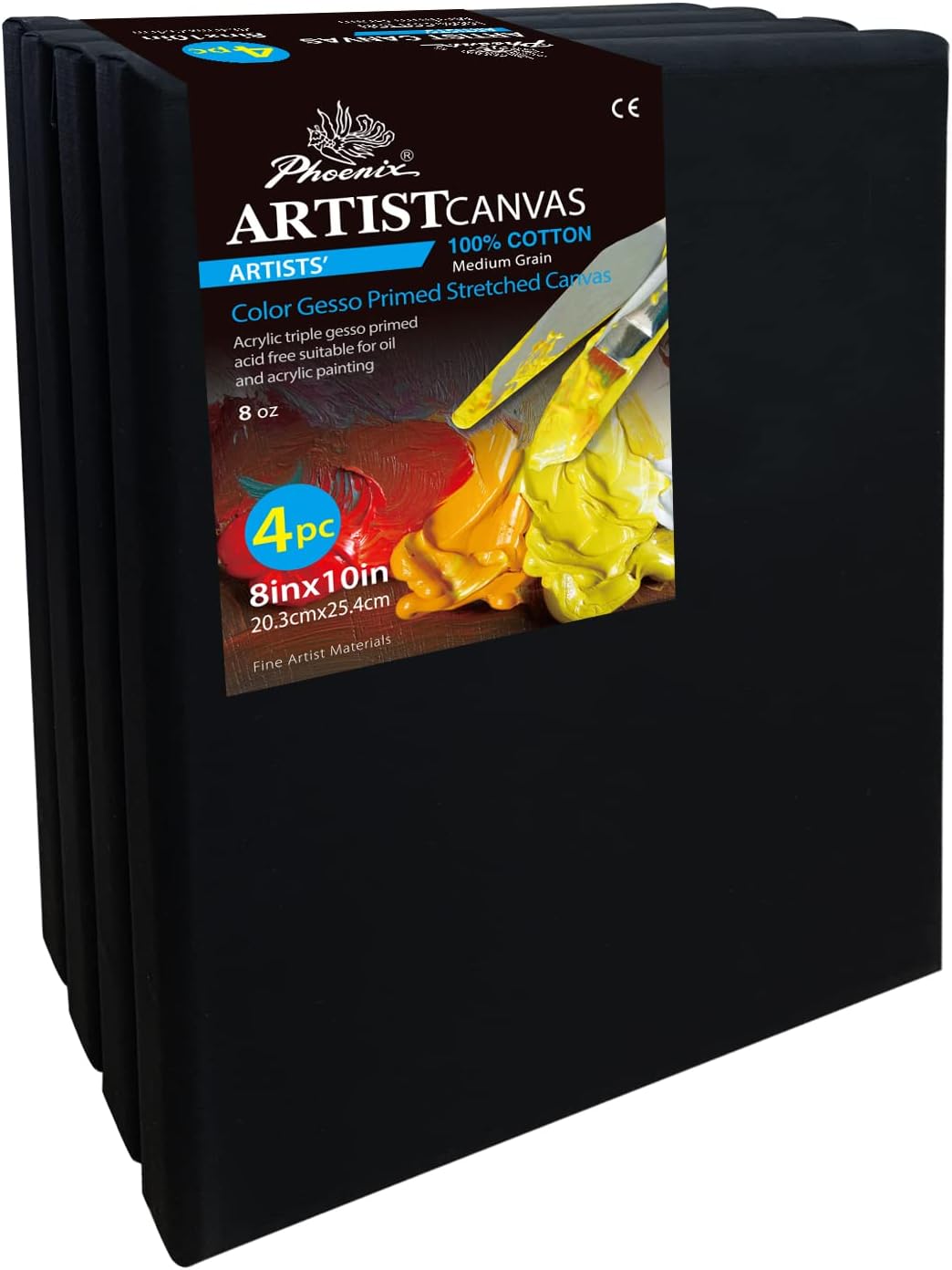 PHOENIX Black Stretched Canvas, 8x10 Inch/4 Pack - 3/4 Inch Profile, 8 Oz Quadruple Gesso Primed 100% Cotton Blank Black Canvases for Acrylic, Oil, Tempera, Metallic, Neon Painting & Crafts