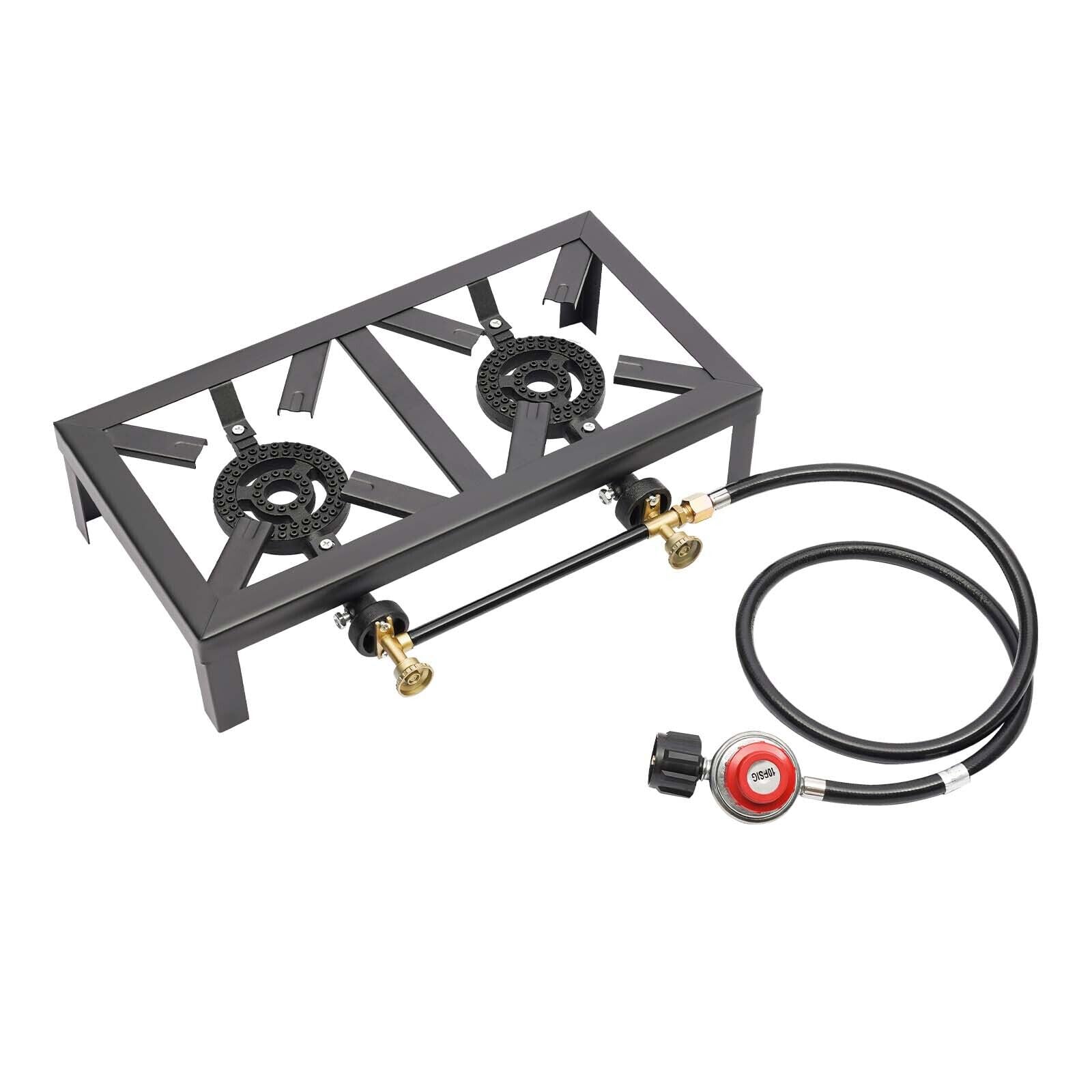 Xuthusman Portable Single Burner Outdoor Gas Stove Propane Cooker with Adjustable 0-20Psi Regulator Hose for Patio Camping, BBQ, Home Brewing, Turkey Fry, Maple Syrup Prep (Double Burner)