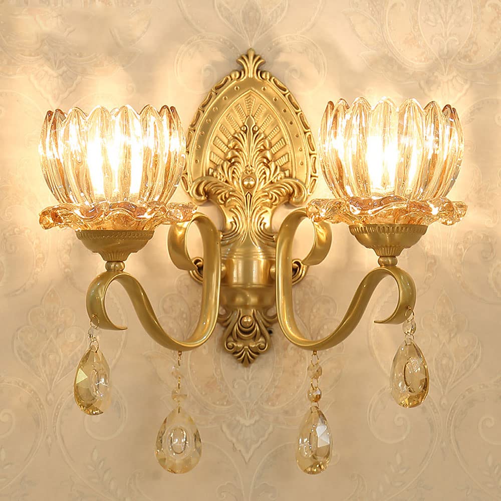 ZTCHSENZT Wall Sconces, Brass Wall Light Retro Wall Sconce with Amber Glass, European Style Wall Lamp Indoor Lighting Fixture, Living Room Bedroom Bedside Wall Lamps, Wall Mount Li,2-light