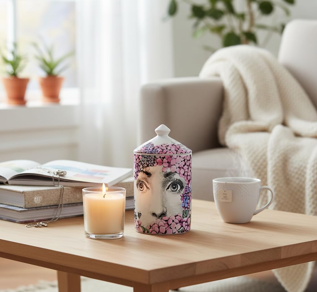 Handcrafted Italian Candle Holder – Modern Art Vase with Female Face Design, Elegant Aromatherapy Jar for Tabletop Décor (Floral Pink) image 3