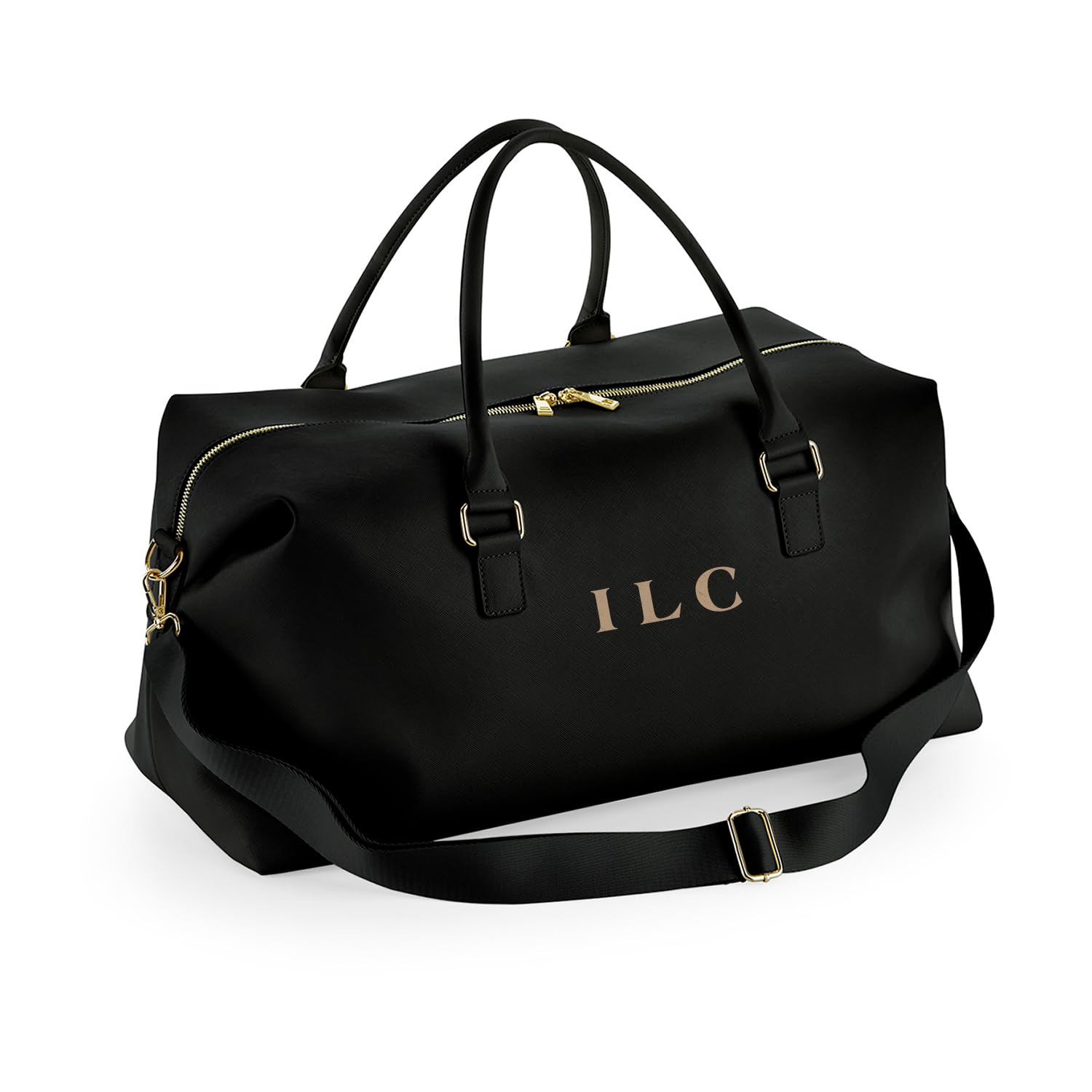 Bolsa de Viaje Mujer Personalizada Negro - Colección Woman | Bolsa Deporte Personalizada con Nombre, Cuero Vegano Saffiano, 25L | Correa Ajustable, Cremallera XL, Bolsillo Interior
