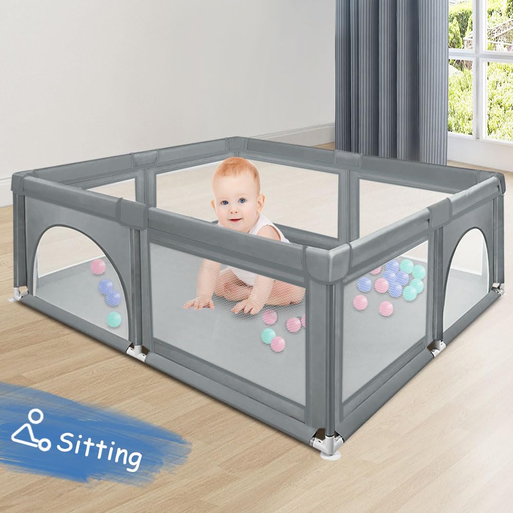 Parque para bebés, parque de juegos para interior y exterior, tejido Oxford, malla transpirable visible, con bolsa de almacenamiento, 50 bolas oceánicas (gris oscuro)