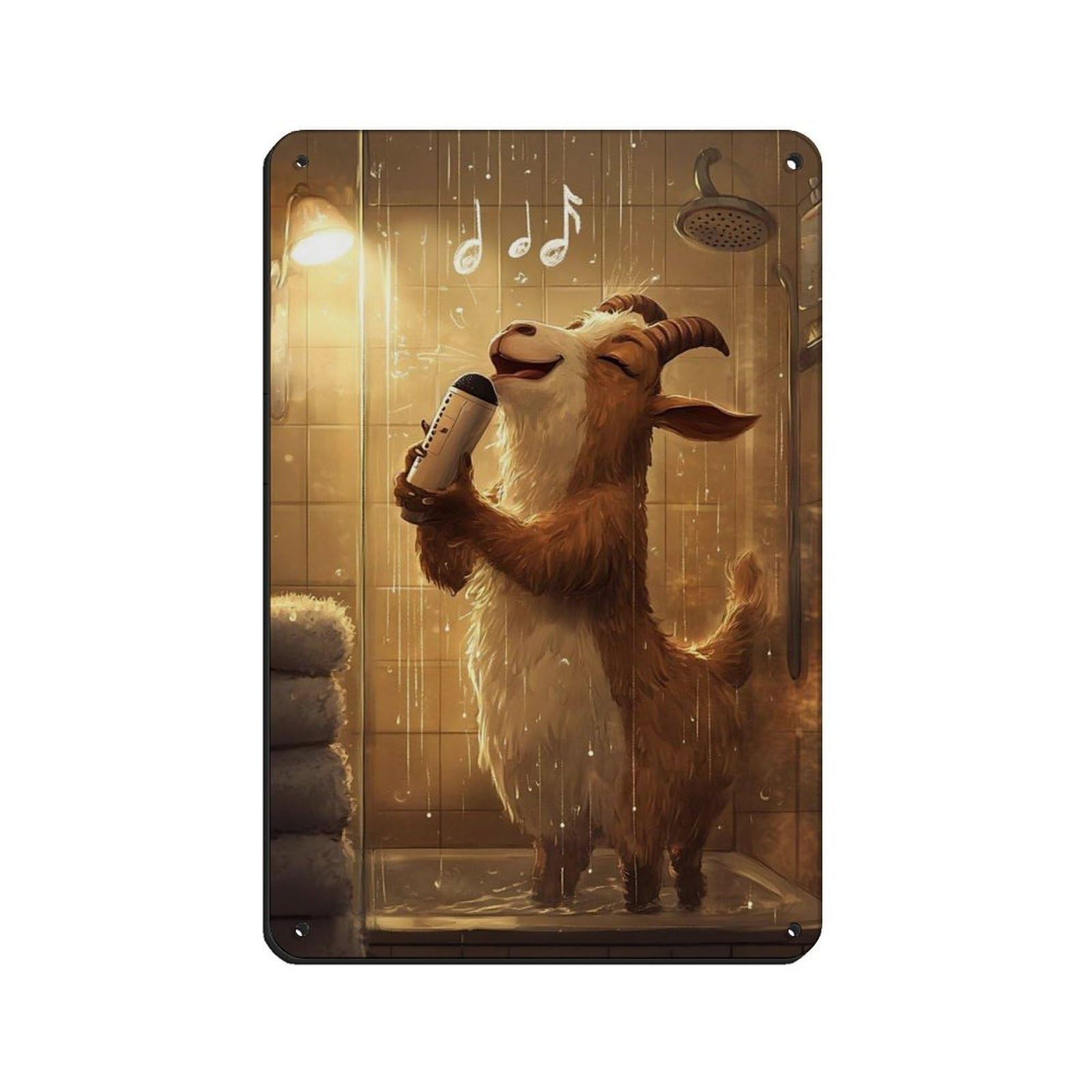 Lxwnze 20L X 30W Cm Singing Goat,Funny Shower Artwork Tin Sign Vintage Metal Pub Club Cafe Bar Home Wall Art Decoration Poster Retro 8X12inch(20X30cm)