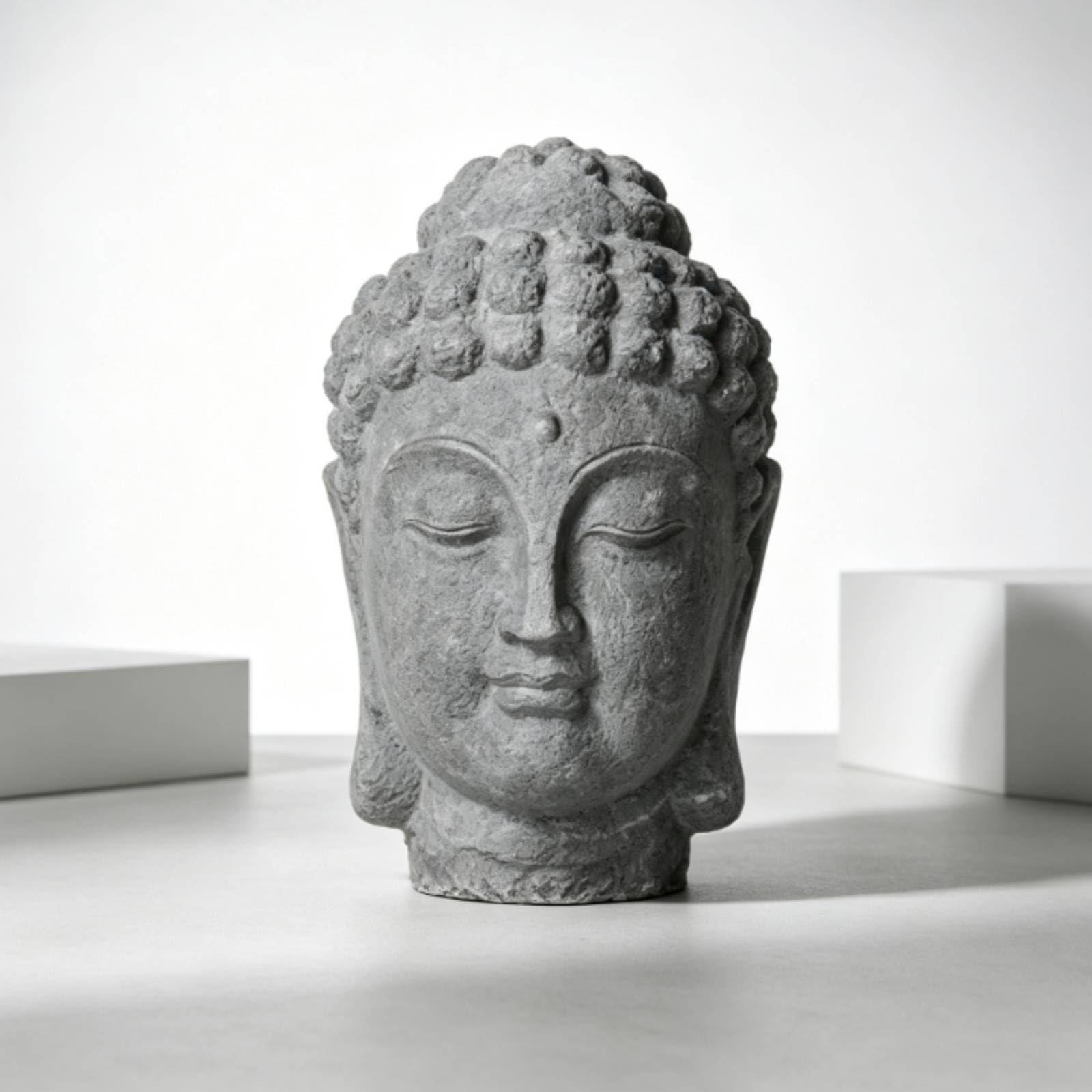 TISHITA Buda Cabeza Estatua Decorativa Escultura Ornamental Figura Tallada Ornamentación en Relieve con Textura de Piedra Base Rectangular Estilo Envejecido, Buda A