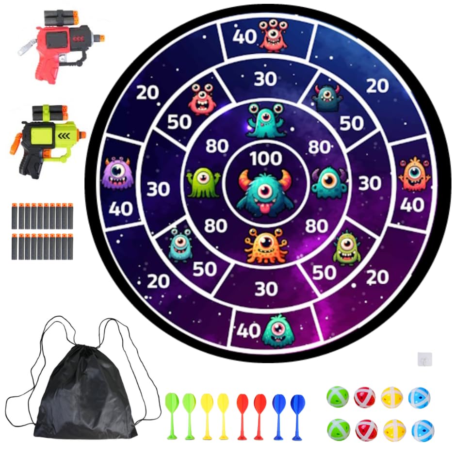 Lula Brands Dart Board for Kids w/Backpack, Shoot Sticky Darts, Balls & Darts, Large 29” Double Sided Indoor Outdoor Sport Party Game, 4 Children Boys Girls 5 6 7 8 9 10 11 12 13
