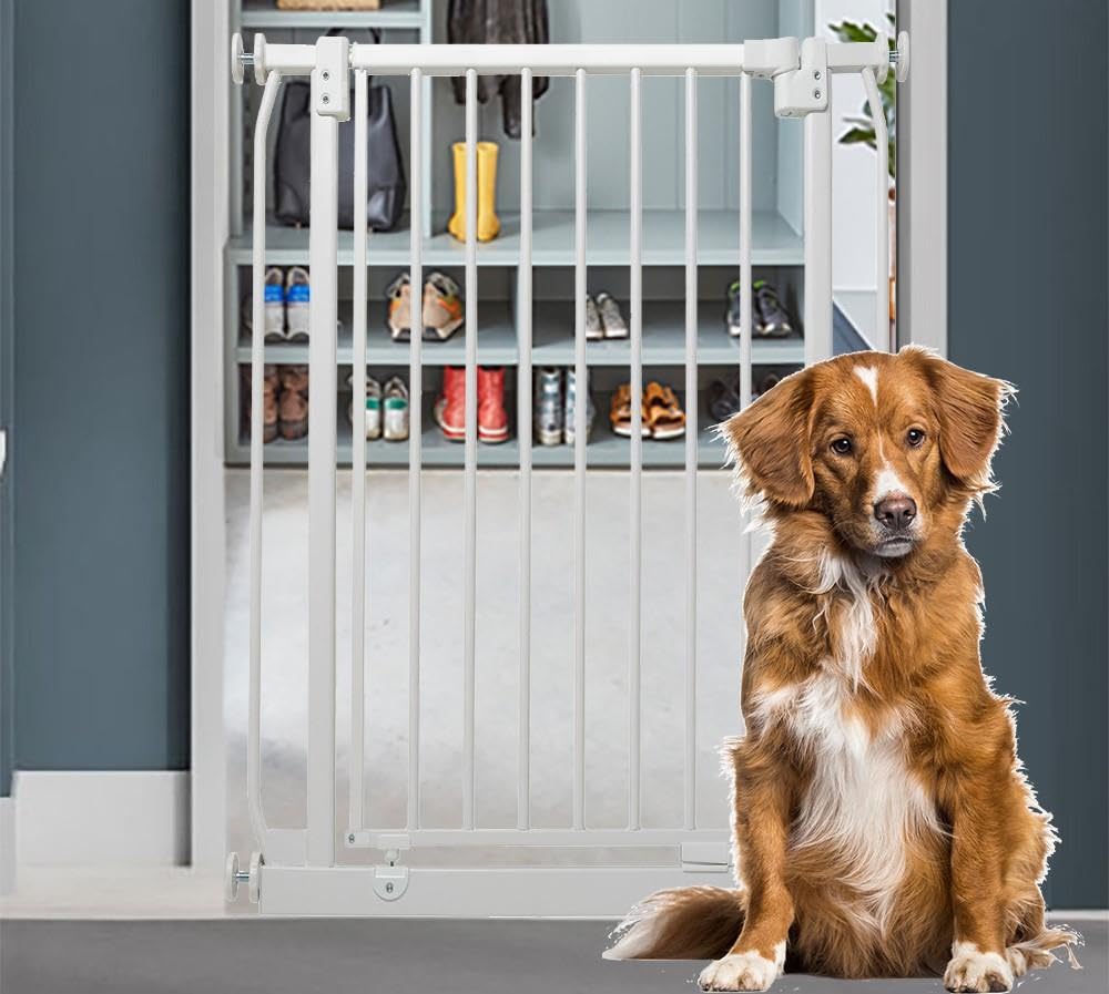 Bettacare Extra Hohes Elite Hundegitter, 65.5cm - 74.5cm, Mattweiß, Extra hohe 96.8cm Höhe, Schmales Druckbefestigtes Haustiergitter für Hunde und Welpen, Haustier- und Hundesperre