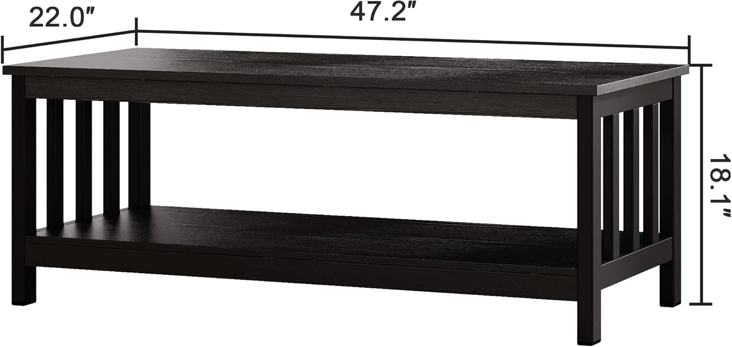 ChooChoo Mission Coffee Table, Black Wood Living Room Table with Shelf, 47 inch Black 22"D x 47.2"W x 18.1"H