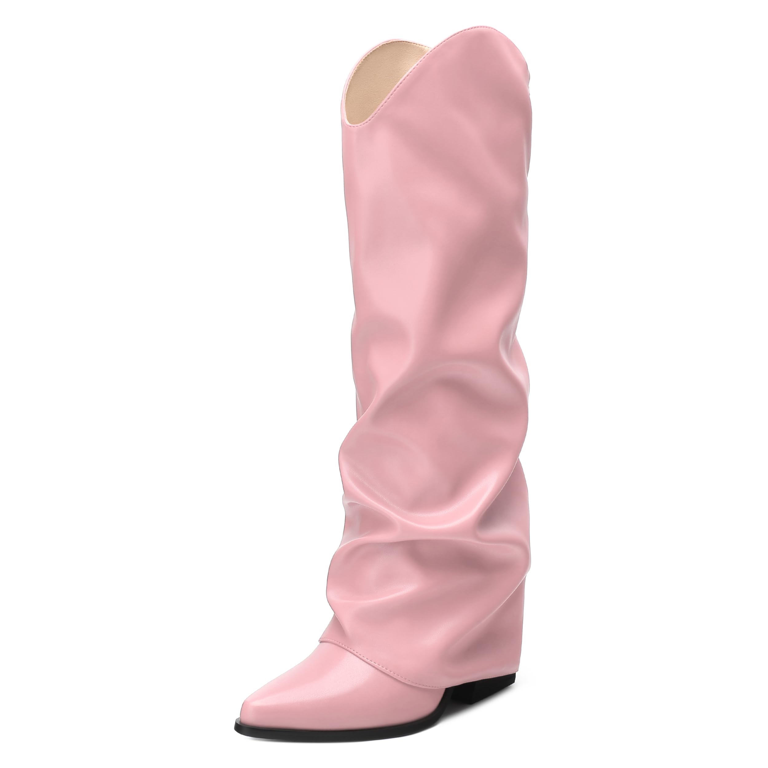 SHOWFOREST Women's Fold over Knee High Boots Block High Heel Pointed Toe 3.5 Inch Long Boots Fashion Casual Pull on Slouchy Boots