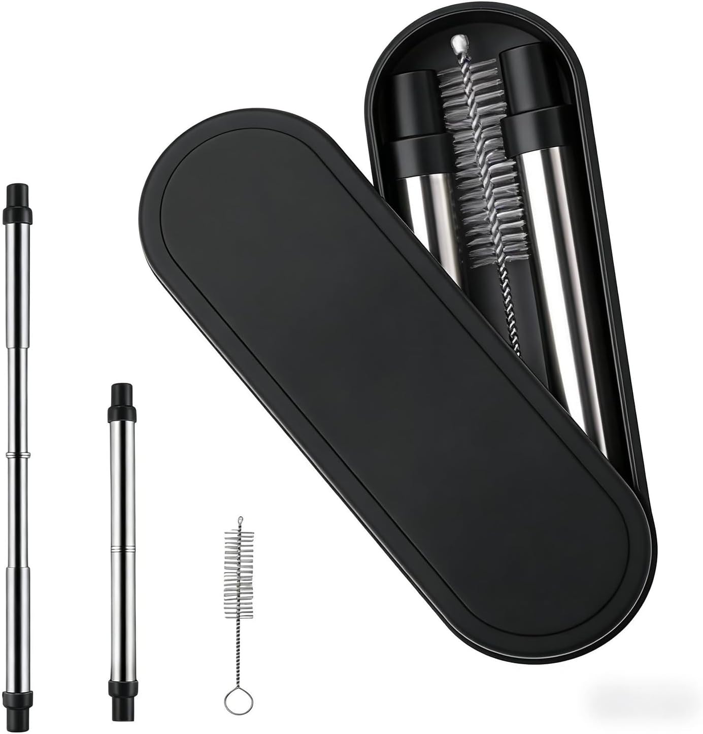 Reusable Collapsible Travel Straw, Stainless Steel Portable Telescopic Straw with Case and Cleaning Brush, Metal Drinking Straw for Travel School Picnic (Black)