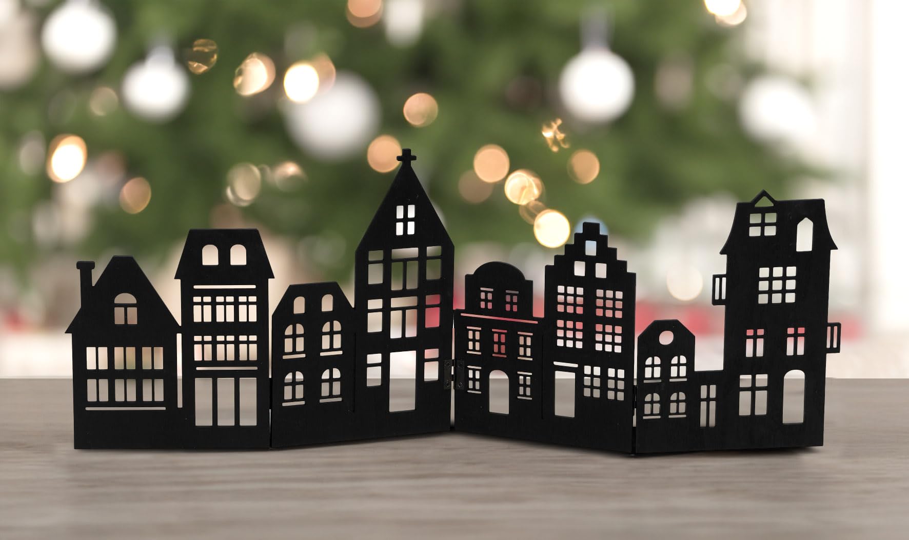 Spetebo Decoratieve houten skyline inklapbaar, 50 x 22 cm, natuur - stadssilhouet voor tafeldecoratie - kerstdecoratie tafeldecoratie voor Kerstmis, kerststad, huizenregel
