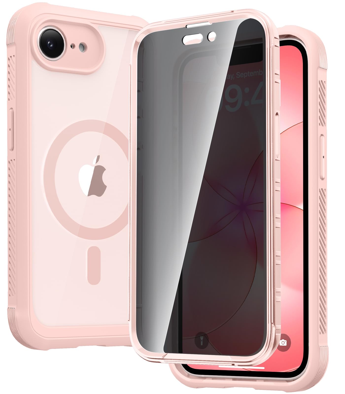 Diaclara Magnetic for iPhone 17e Case &amp; iPhone 16e Case 6.1" Full Body Bumper,[Compatible with MagSafe] Military Drop Proof Cover with Built-in Privacy Screen Protector,Magnetic Pink-Privacy