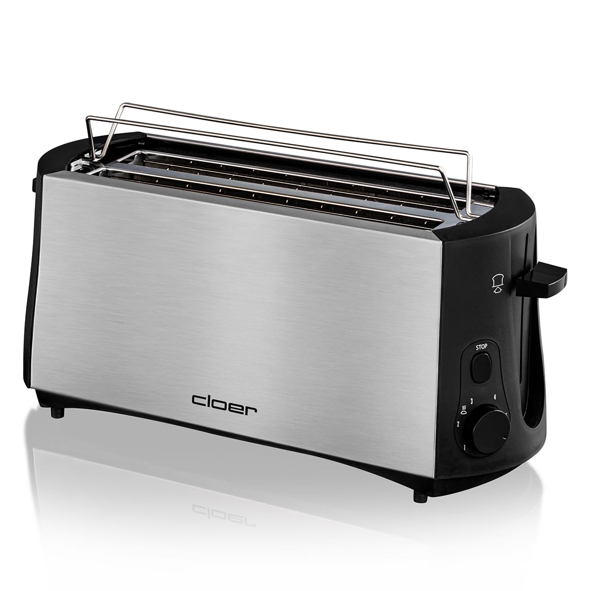 Cloer 3719 Langschlitztoaster für 4 Toastscheiben, 1380 W, integrierter Brötchenaufsatz, Nachhebevorrichtung, Krümelschublade, wärmeisoliertes Edelstahlgehäuse, schwarz/Edelstahl