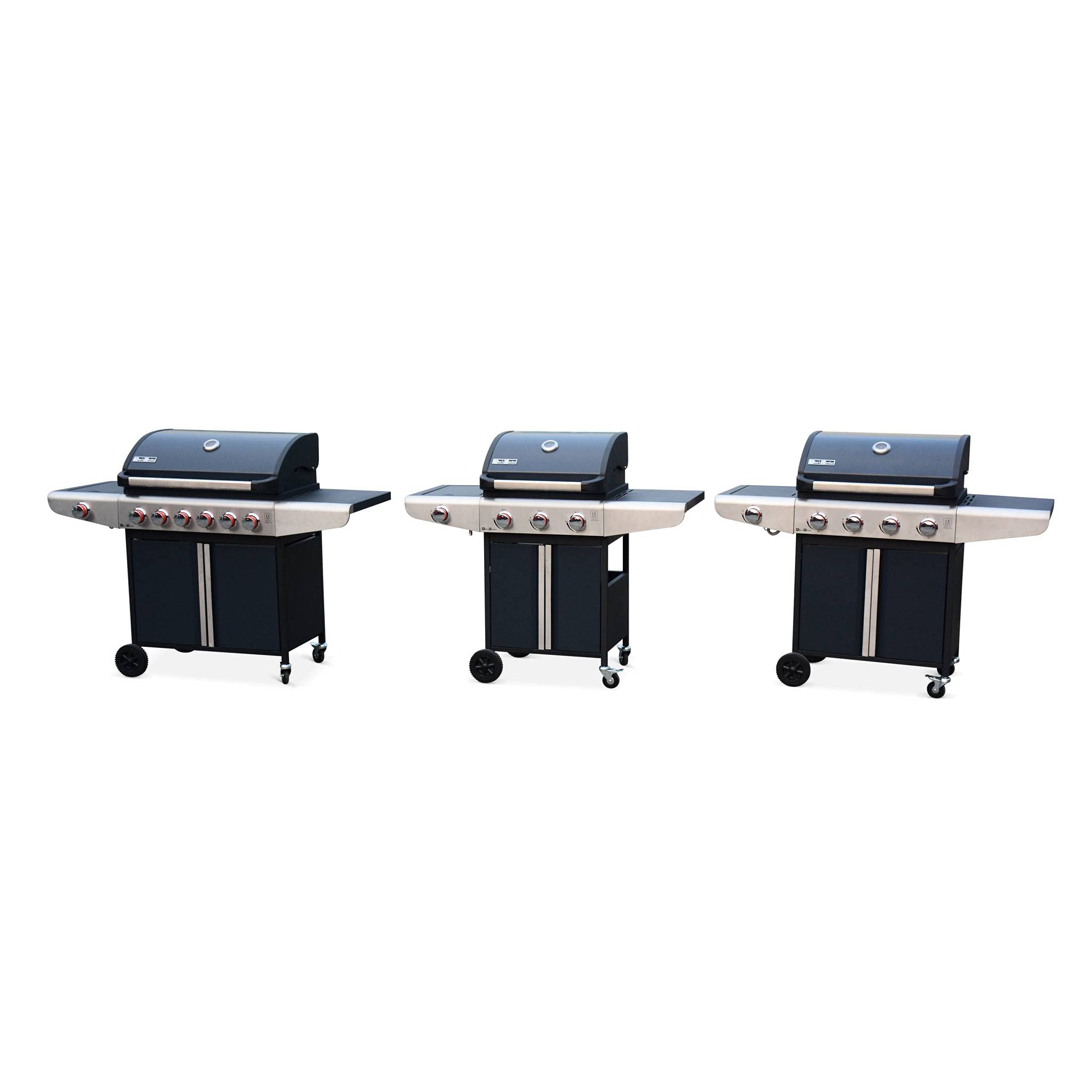 Alice's Garden - Barbecue au gaz - Bazin 6 Gris anthracite - Cuisine extérieure 6 brûleurs dont 1 feu latéral avec tablettes et thermomètre. rangement. roues