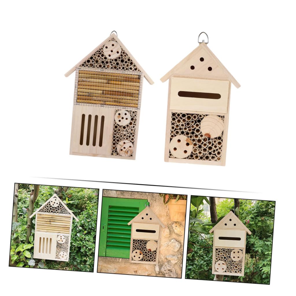 ifundom 2 Stück Bienenhaus zum Aufhängen und Aufstellen Insektenhotel für Garten mit Nisthilfe für Bienen und Marienkäfer Beobachtungshaus für Kinder Handwerklich Gefertigt Naturbelassen