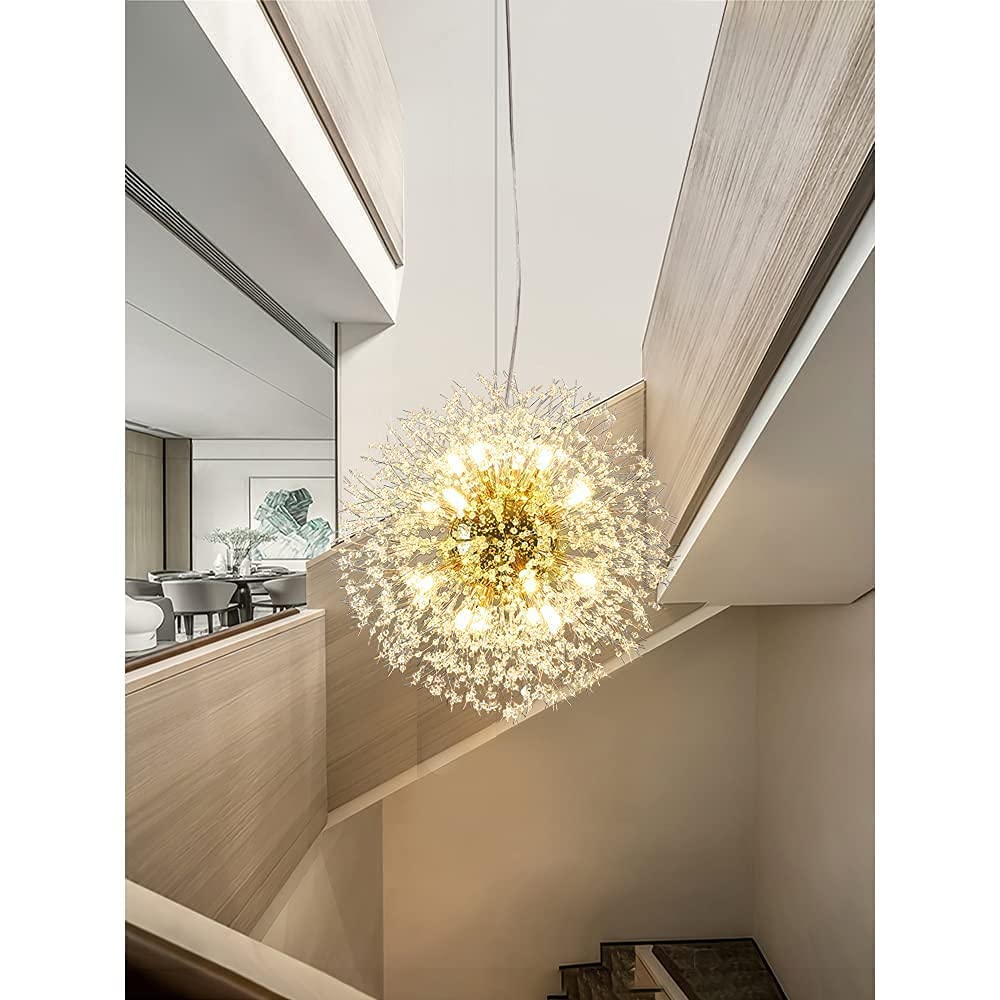 Goomavi Modern Firework Gold Crystal Chandeliers, Sputnik Dandelion Chandelier Light Fixture Pendant Lighting for Living Room, Dining Room, Restaurant, Bedroom, Kitchen- 16 Lights