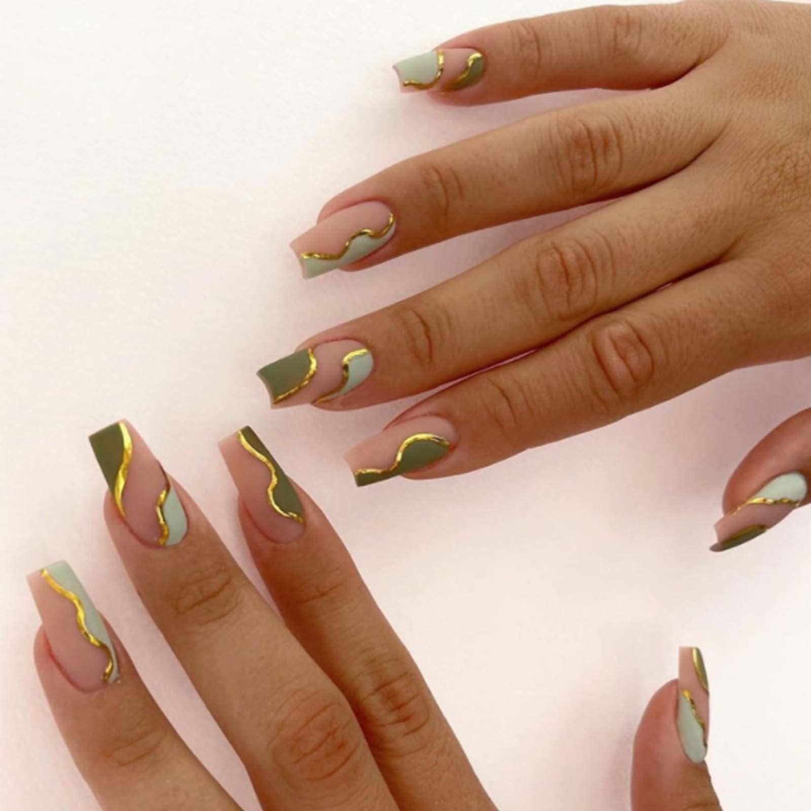 DANMANR Long Press on Nails Square French Fake Nails Full Cover Nude Acrylic False Nails for Women and Girls 24PCS (Green Coffin)